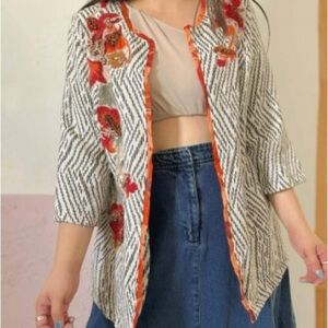 Chico’s Embroidered Open Front Jacket Size 3 Boho Artisanal Floral White Kimono